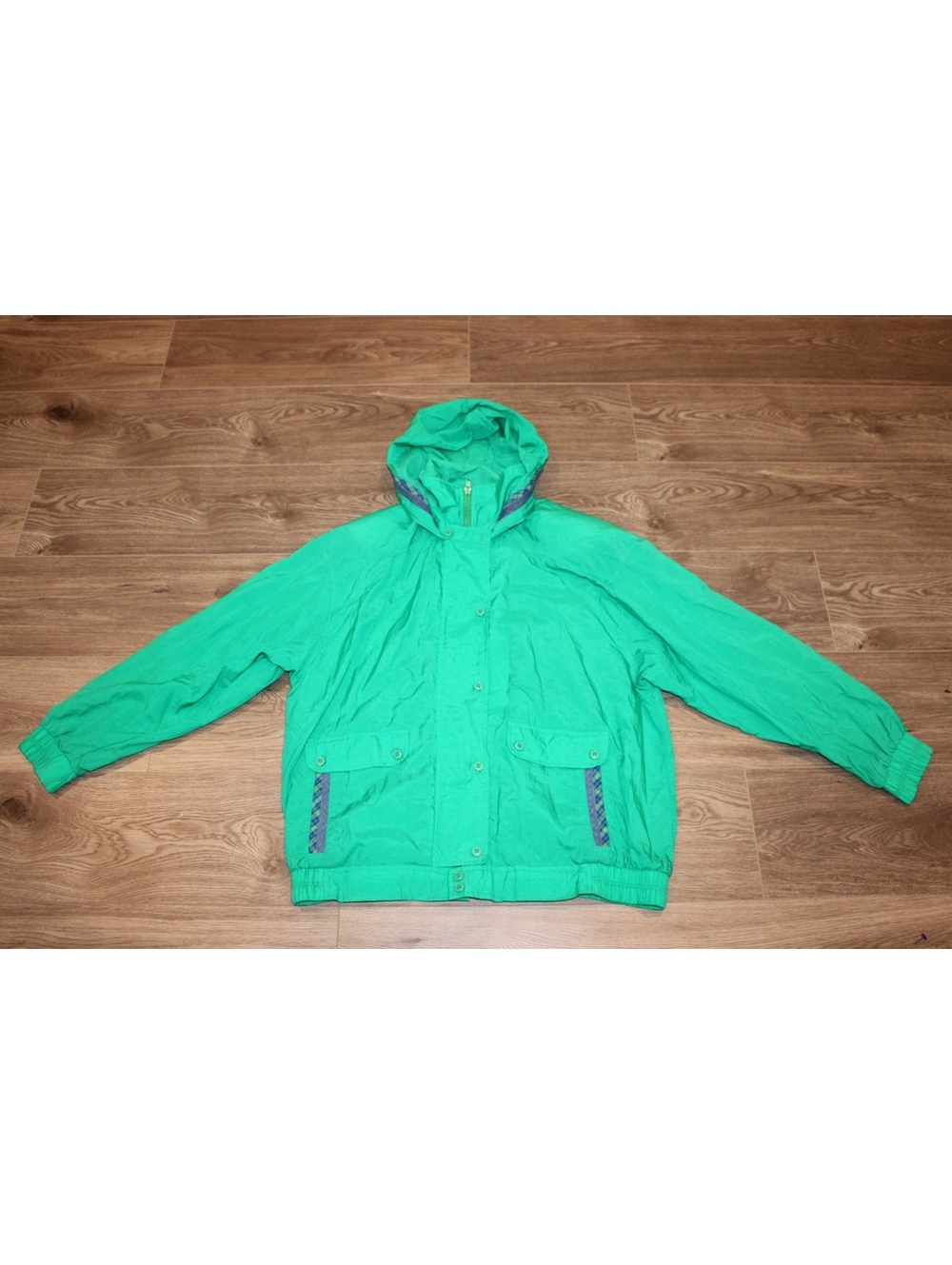 Koret Large Green Hooded Windbreaker Jacket with Plaid Trim